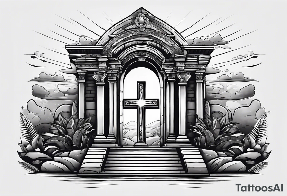 Tomb with cross and sun in the background tattoo idea