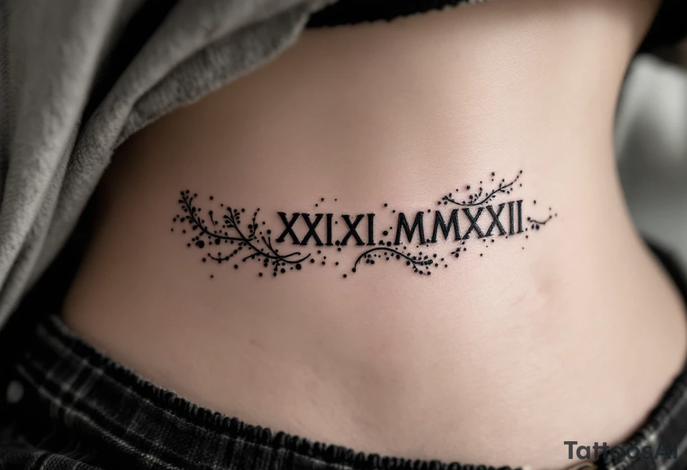 Elegant XXI.XI.MMXII in dark gray ink across the ribs, styled with subtle shadowing for a stone-carved effect. tattoo idea