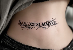 Elegant XXI.XI.MMXII in dark gray ink across the ribs, styled with subtle shadowing for a stone-carved effect. tattoo idea