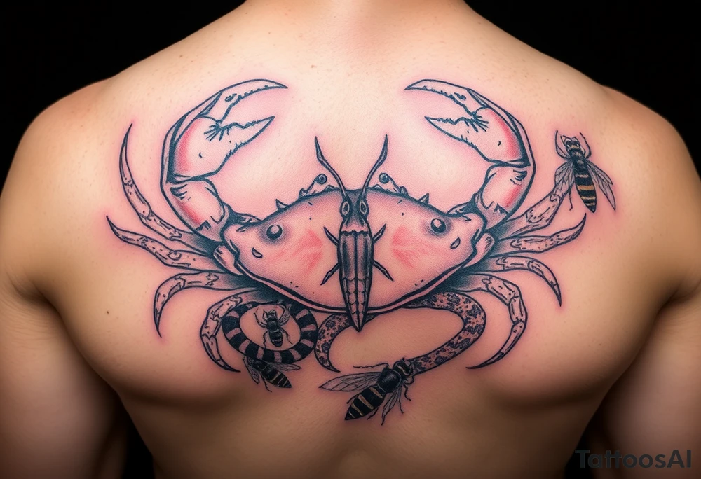 Crabs, fish, snake, bees tattoo idea
