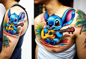 Stitch tattoo on arm under shoulder that is the version of stitch where he’s dressed up like Elvis playing a ukulele on a beach tattoo idea