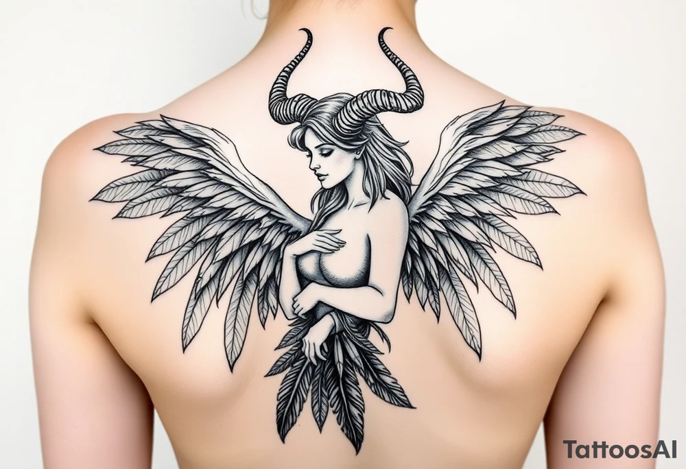 Woman Harpy with horns and lots of feathers tattoo idea