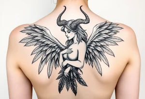 Woman Harpy with horns and lots of feathers tattoo idea