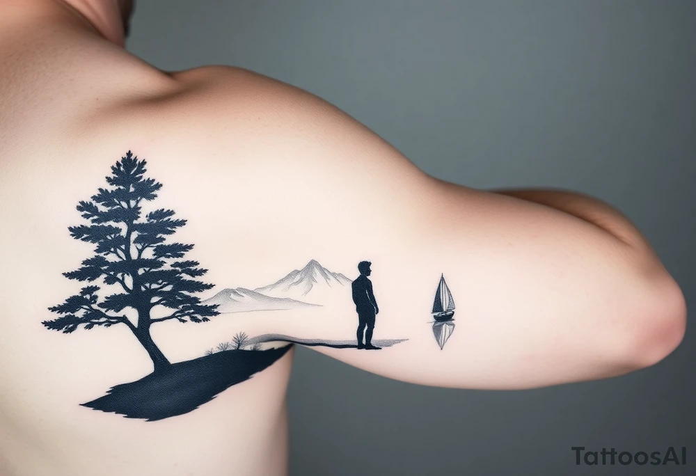 I want a minimalist design that will go on my right bicep, of a man's silhouette of a man on a shoreline, with a tree to his left, looking out at mountains in the distance, and a sailboat in the foreground.  but I want this around the arm, elbow and bicep area.  more of a wrap around on the arm please.   bottom left is okay, but less focus on the man's silhouette.  on the arm, not on the shoulder.  I said not on the shoulder! tattoo idea