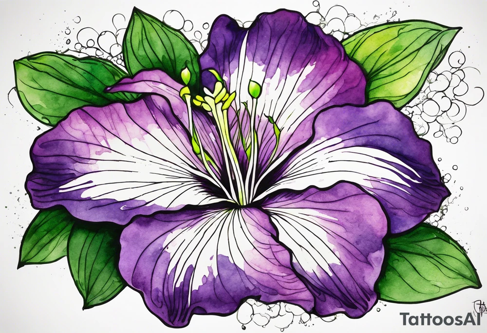 An outline of a rio dipladenia flower with green/purple pedals and a green/purple watercolor splash in the background tattoo idea