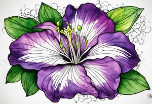 An outline of a rio dipladenia flower with green/purple pedals and a green/purple watercolor splash in the background tattoo idea