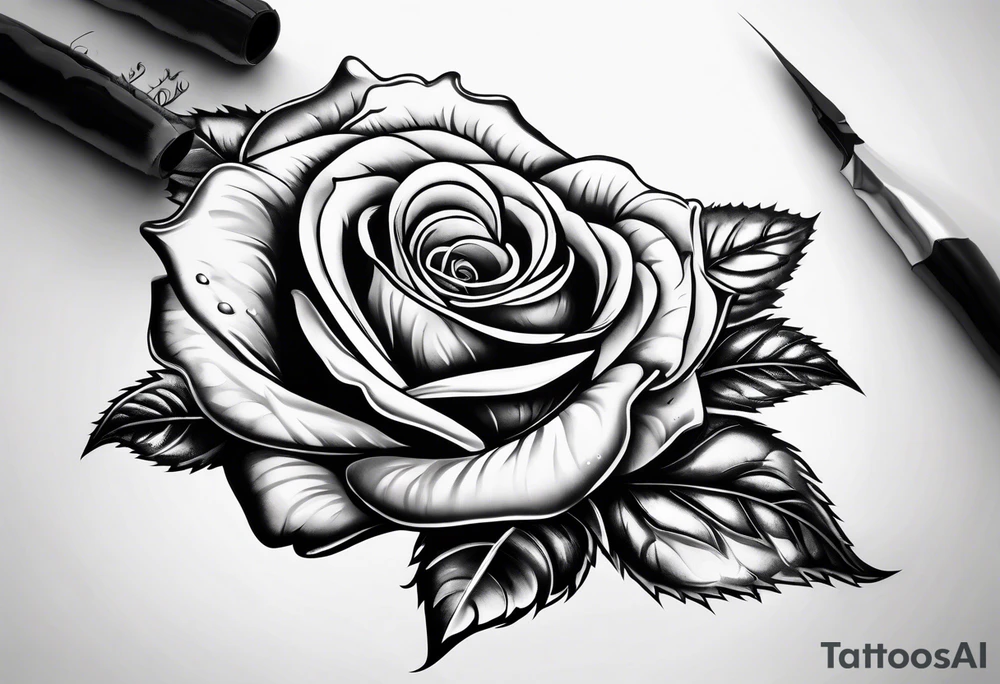 A long stem rose stem stabbed through a human hand tattoo idea