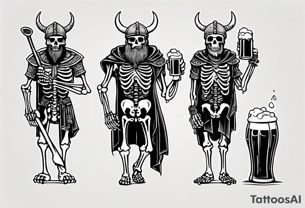 Viking skeleton drinking a beer tattoo idea