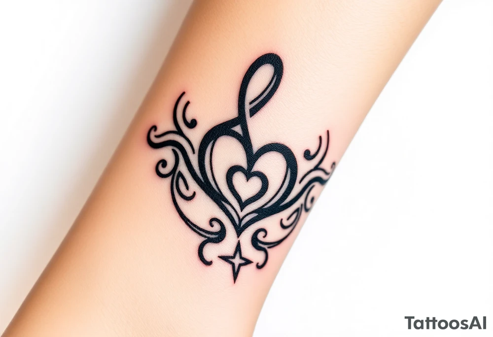 A swirl containing the Treble clef, book, dog paw, star, heart tattoo idea