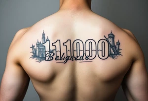 vertical tattoo with text 11000 and motives of Belgrade, Serbia, realism tattoo idea