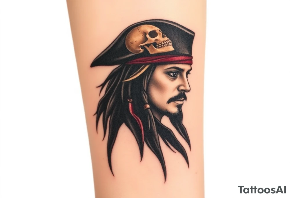 A side-profile portrait of Jack Sparrow with a shadowy skull in the background, symbolizing his connection to death and the supernatural, shaded in grayscale with faint red and gold highlights tattoo idea