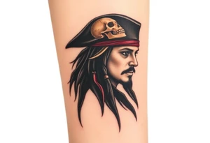 A side-profile portrait of Jack Sparrow with a shadowy skull in the background, symbolizing his connection to death and the supernatural, shaded in grayscale with faint red and gold highlights tattoo idea