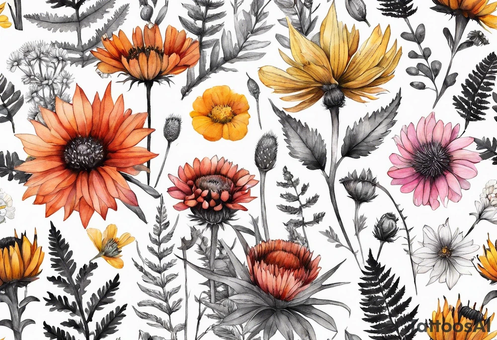 wildflowers with thistles, ferns, burnt orange flower, white flowers, pink flowers, red flowers and yellow flowers all in watercolor tattoo idea