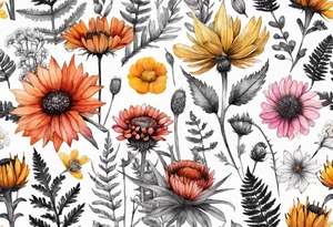 wildflowers with thistles, ferns, burnt orange flower, white flowers, pink flowers, red flowers and yellow flowers all in watercolor tattoo idea