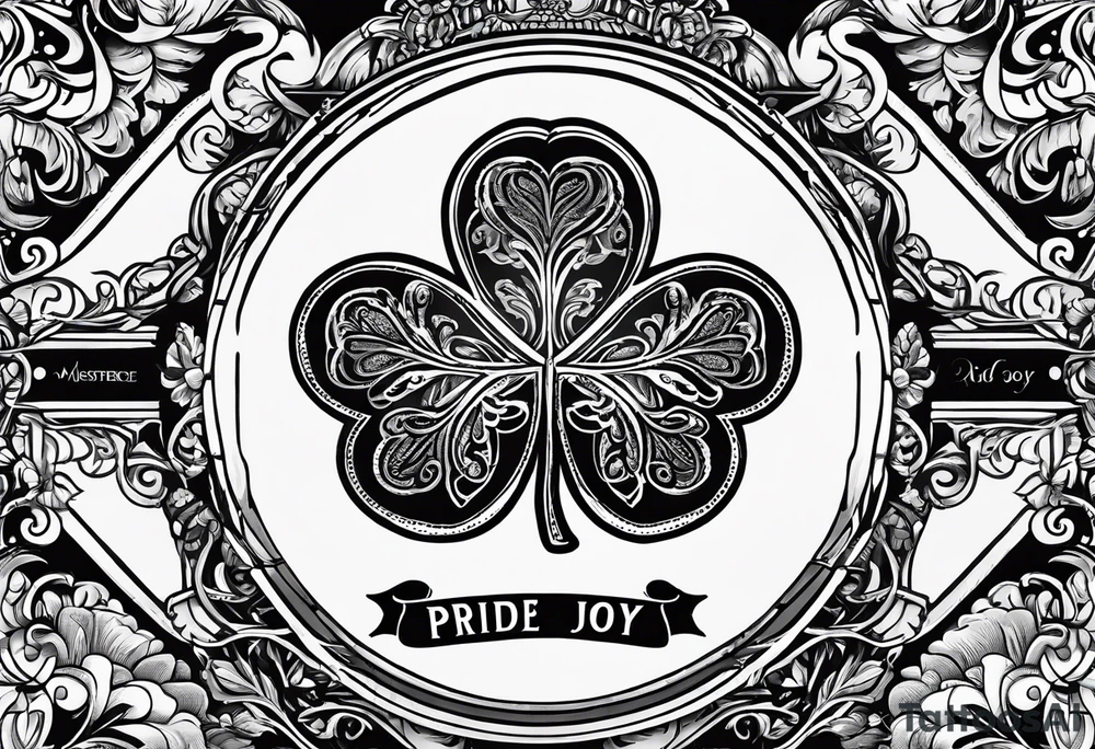 bottle of bourbon from a Distillery called Pride and Joy, the logo is a shamrock tattoo idea