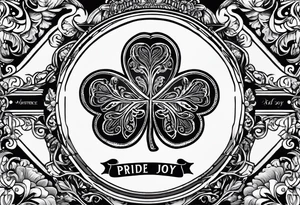 bottle of bourbon from a Distillery called Pride and Joy, the logo is a shamrock tattoo idea