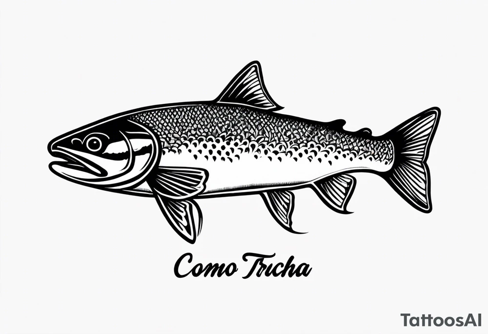 A small tattoo with a shaded trout and text that says, 'Como la trucha...' drawn with fine lines." tattoo idea