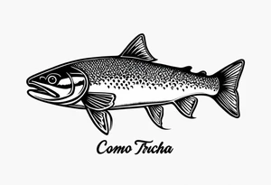 A small tattoo with a shaded trout and text that says, 'Como la trucha...' drawn with fine lines." tattoo idea