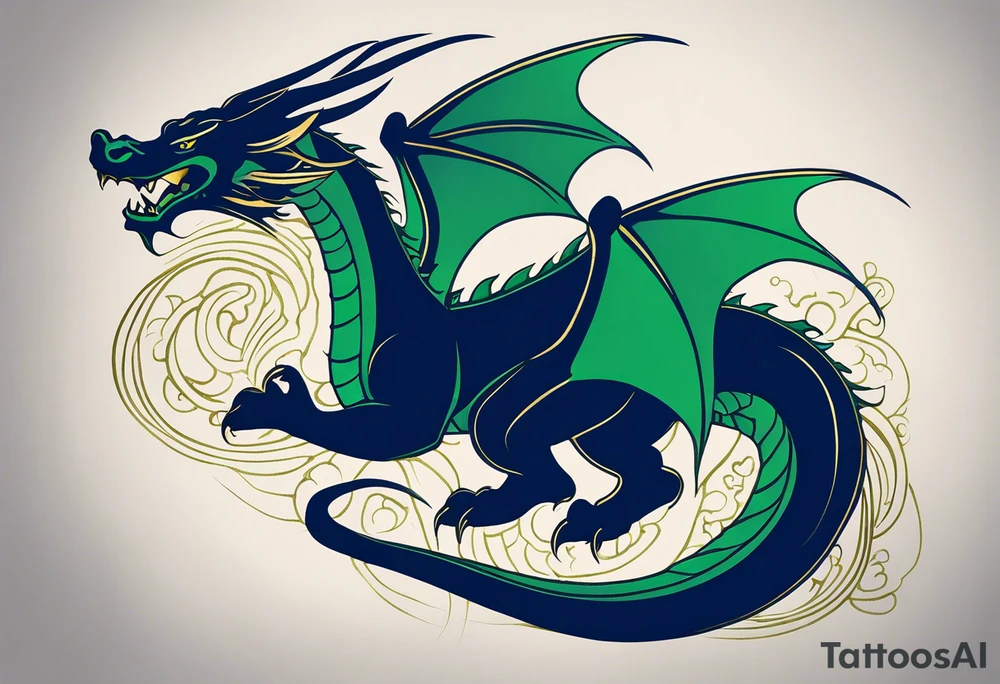 Minimalist Tattoo: An epic with no wings, floating. Its long body coiling dynamically, with scales and horns detailed to create a sense of movement and strength. The dragon's main color is midnight blue but features little accents in green, blue, and gold, giving a vibrant depth and a mystical aura. This tattoo highlights the dragon’s fierce expression and sharp claws as it wraps protectively around the leg. Style: Minimalist tattoo idea