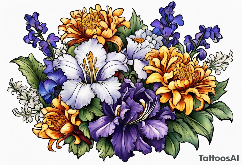 Flower bouquet filled with violets, irises and chrysanthemums tattoo idea