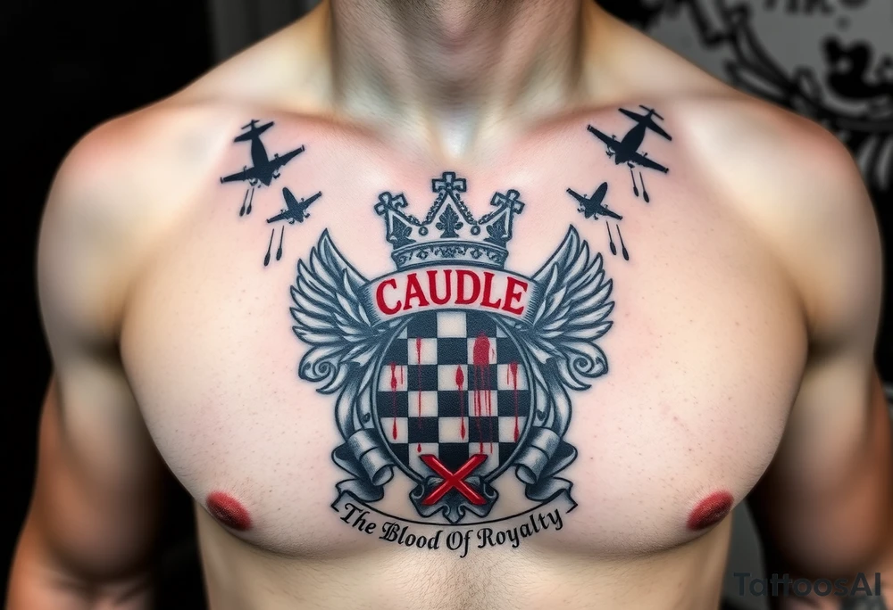 Men Doom Crest  with A Giant King Crown, CAUDLE written inside red, a chessboard, blood splatter on top of two  racing flags & OTF inside, The Words The Blood Of Royalty in red underneath the crest & 🌍 symbol in red outside of the crest, And raining blood drops, Jets/Airplanes/Helicopters/explosives flying above tattoo idea