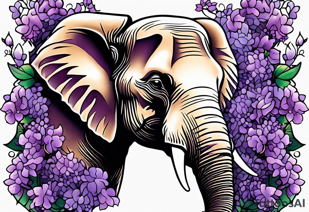 Elephant face covered in lilacs tattoo idea