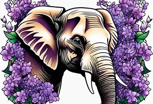 Elephant face covered in lilacs tattoo idea
