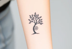 A tree with fee leaves, with a spiral line coming from the center of the tree and moving outward tattoo idea