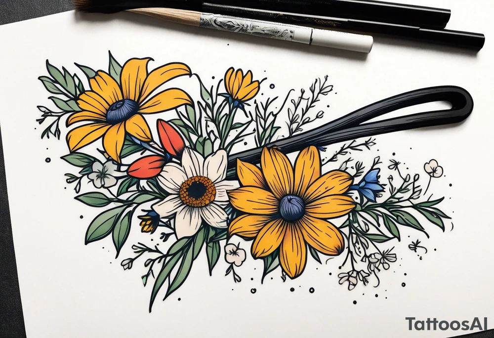 Bouquet of wildflowers tied to a broom handle tattoo idea