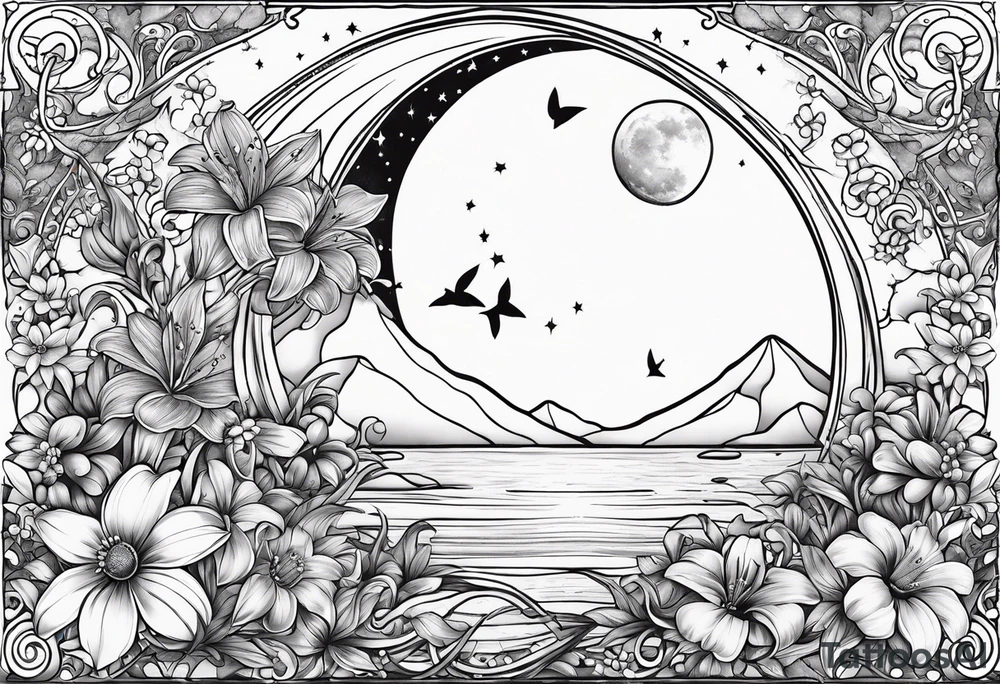 Crescent moon with daisy's, lily’s, crystals, and mushrooms tattoo idea