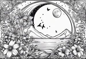 Crescent moon with daisy's, lily’s, crystals, and mushrooms tattoo idea