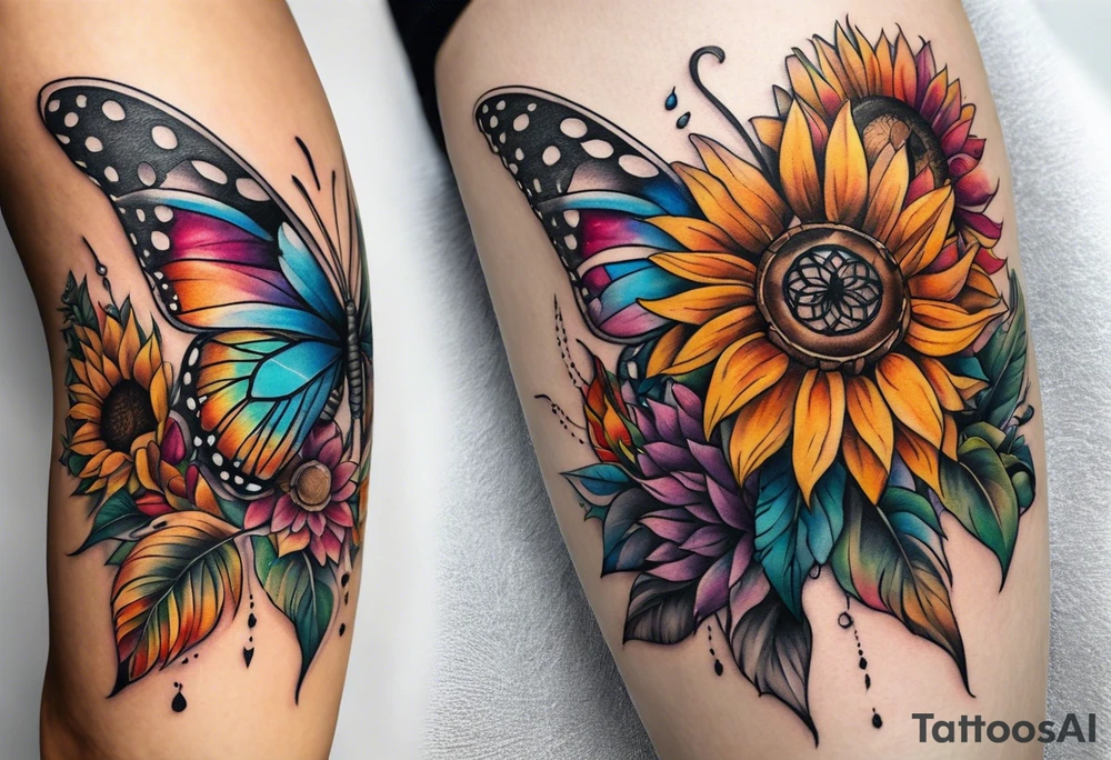 Quarter Leg sleeve with dreamcatcher, rainbow sunflowers and one butterfly tattoo idea