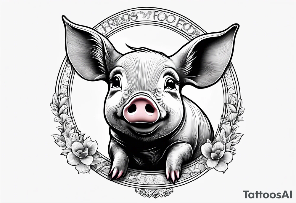 cute piglet with text 'friends not food' tattoo idea