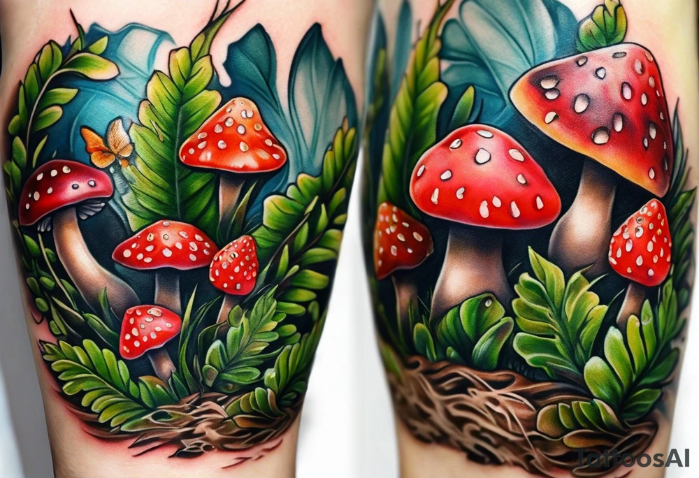 forest floor inspired realistic tattoo, which includes grass, curly ferns and dead leaves as the bulk of the tattoo. details to include: three very tiny strawberries, couple of VERY small mushrooms, a tiny bumblebee flying nearby tattoo idea