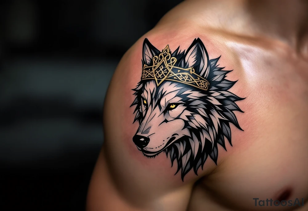 Alpha Wolf with Celtic Crown – A proud black-and-silver wolf wearing a crown made of Celtic knots and deep gold accents. tattoo idea