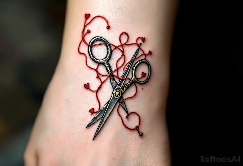 Scissors and Thread Tattoo – A pair of scissors cutting through red thread, with the thread flowing and forming into a heart, symbolizing love and the connection between people. The red stands out against dark gray scissors. tattoo idea