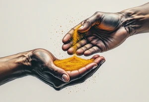 A hand pouring golden sand from one palm to another, forming an infinity loop, symbolizing the continuous flow of karmic justice. tattoo idea