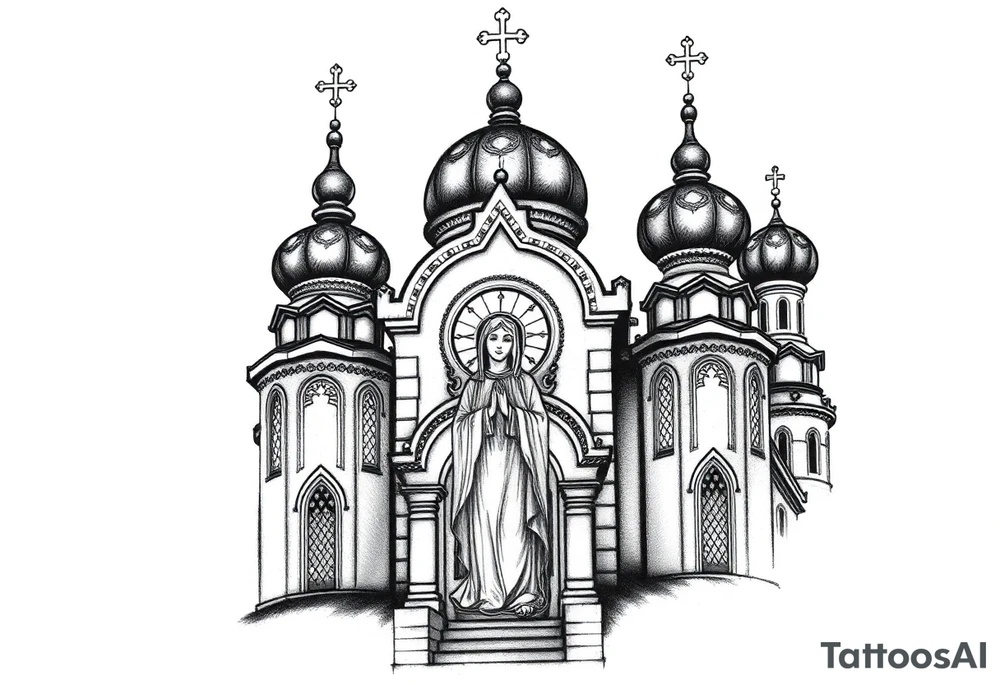 Russian orthodox church with bulb domes with a prominent russian orthodox style virgin mary stood outside to the left russian themed tattoo idea