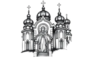 Russian orthodox church with bulb domes with a prominent russian orthodox style virgin mary stood outside to the left russian themed tattoo idea