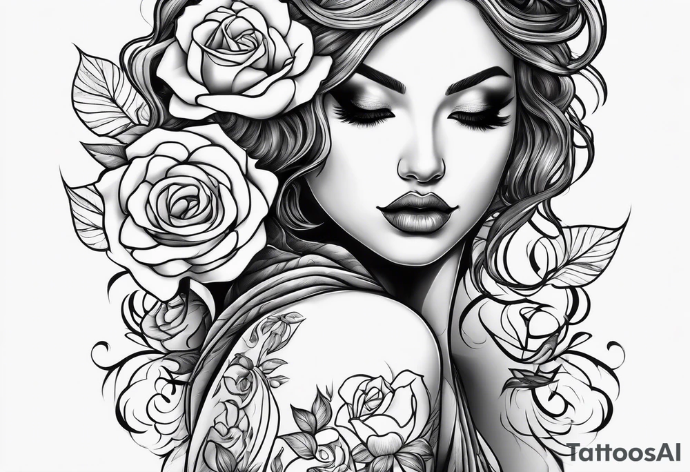 Bloomed rose attached with female body, kneeling tattoo idea