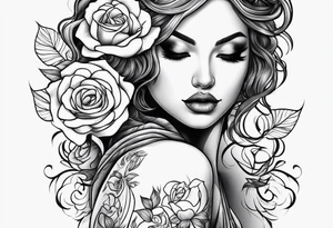 Bloomed rose attached with female body, kneeling tattoo idea