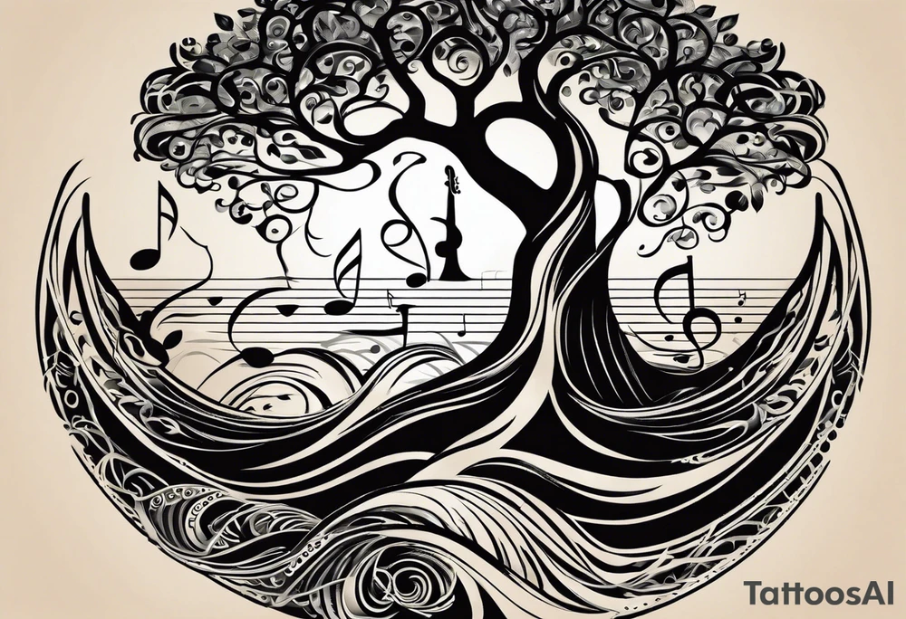 A tattoo design that incorporates the following elements: an abstract tree of life that has roots emerging  from the ground. Waves of water wrap around the tree in a non symmetrical design.  Incorporate musical notes into the tree. the letters U and A are overlapping and engraved into the tree. A golf flag incorporated but not prominent tattoo idea