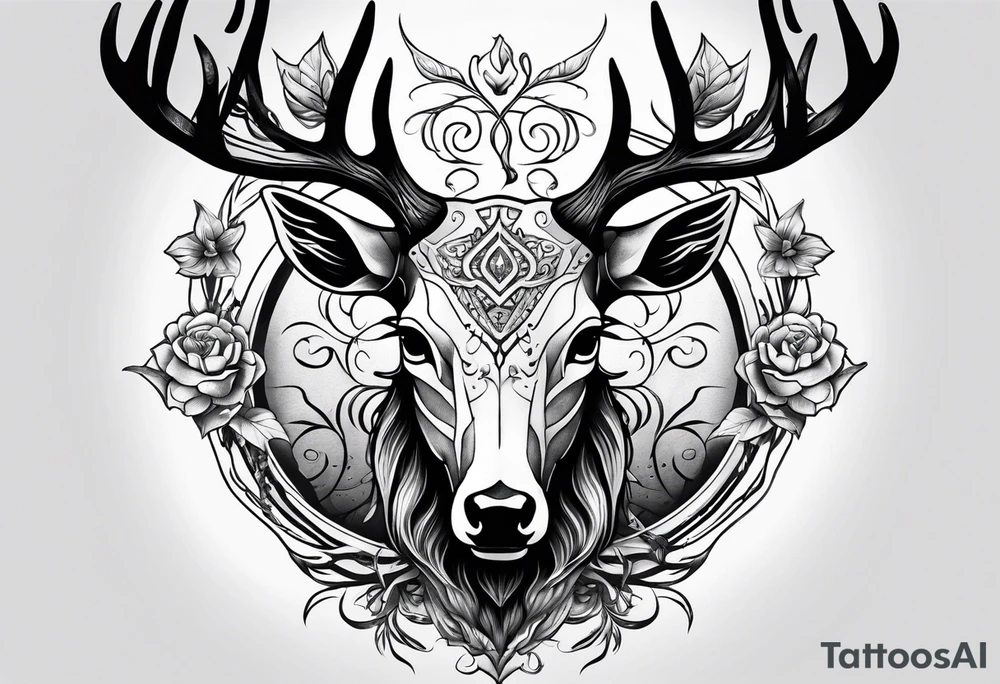 A human with two legs and with a deer skull head tattoo idea