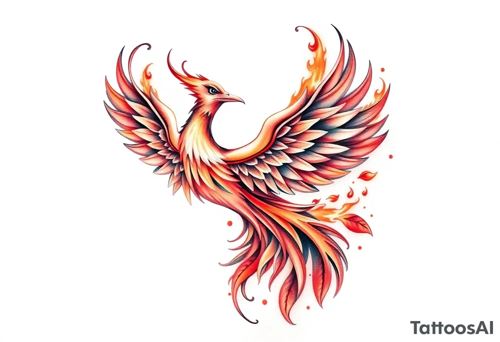 magnificent but feminine phoenix rising  flames with trailing embers tattoo idea