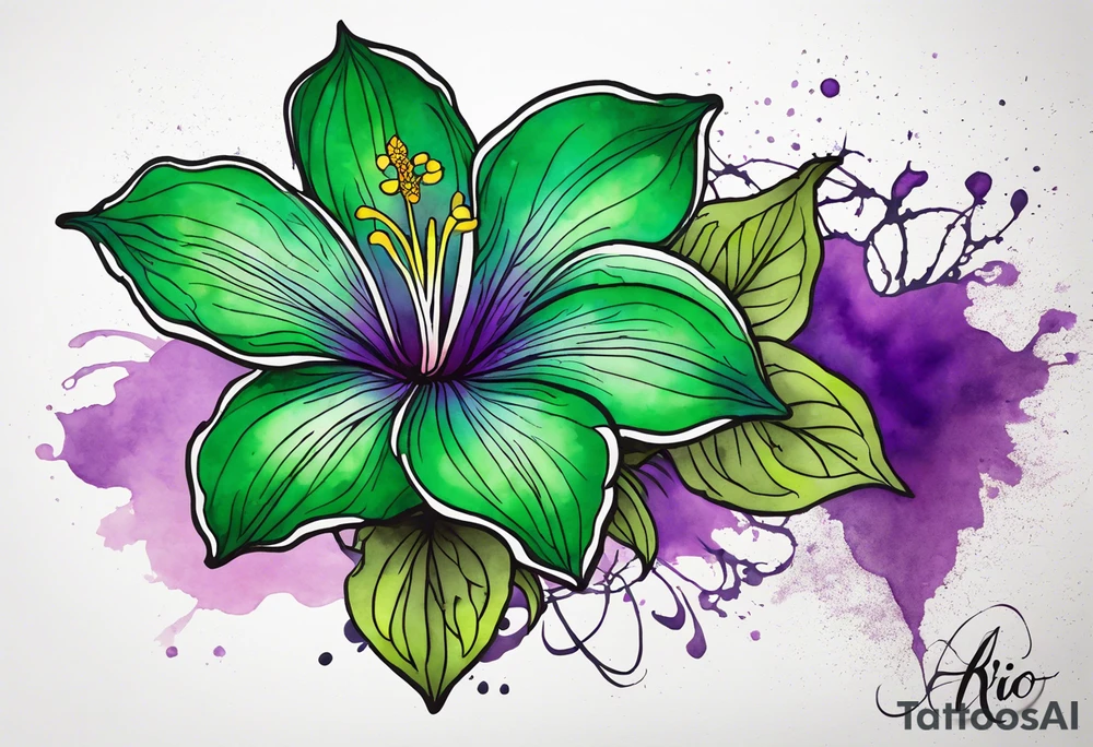 A mystical outline of a green rio dipladenia flower and a green/purple watercolor splatter in the background tattoo idea