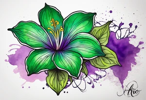 A mystical outline of a green rio dipladenia flower and a green/purple watercolor splatter in the background tattoo idea