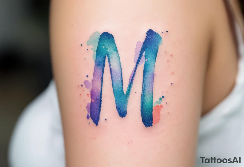A watercolor "M" in blended shades of teal, lavender, and coral, with a brushstroke effect. tattoo idea