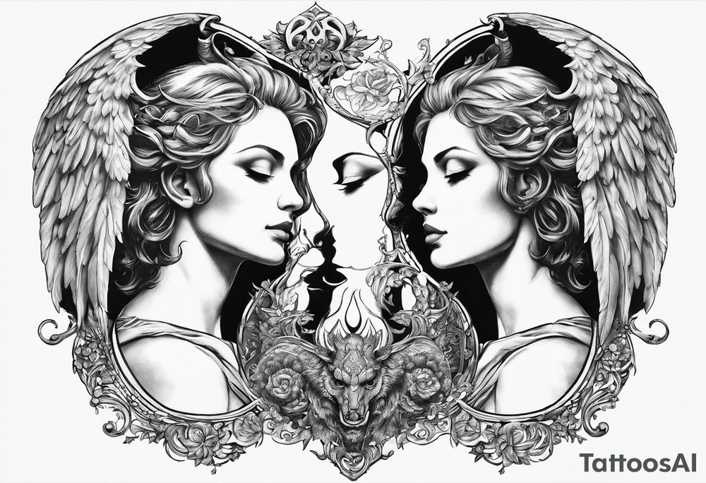 Here is the image of the angel and the devil gazing at each other, with the mirror-like effect transforming the angel into the devil. I hope it captures the concept you envisioned! tattoo idea