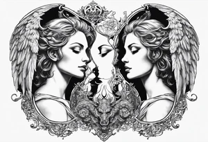 Here is the image of the angel and the devil gazing at each other, with the mirror-like effect transforming the angel into the devil. I hope it captures the concept you envisioned! tattoo idea