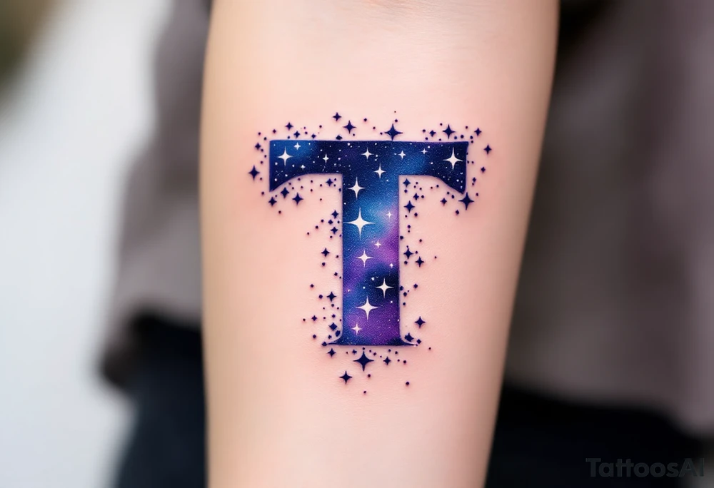 A galaxy-themed "T" in deep violet and midnight blue, speckled with white stars. tattoo idea